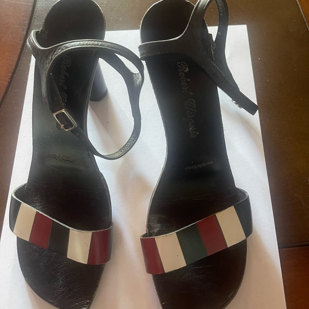 Robert Clergerie Black Heels with Red and White Straps Made in France